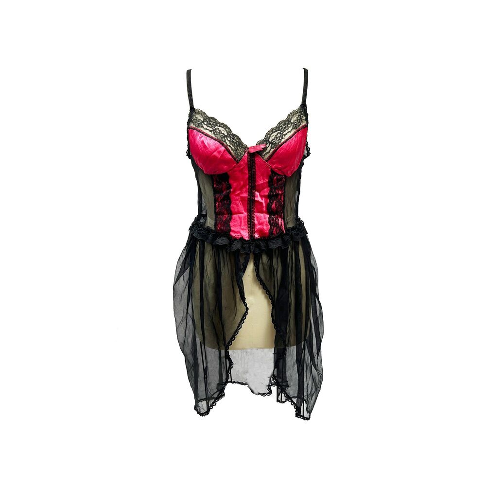 Vintage Nan Flower Red and Black Slinky Faux Corset Lingerie